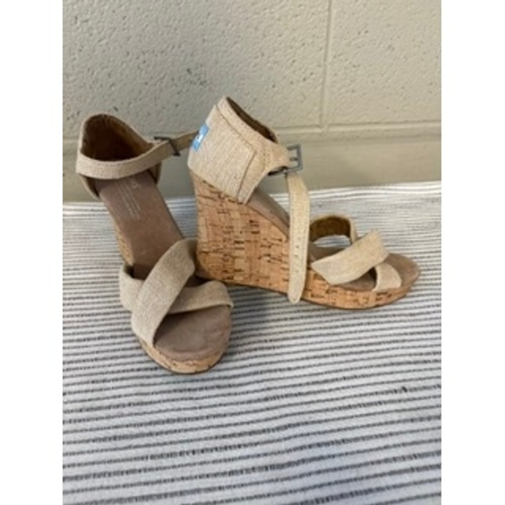 Toms Womens Linen Cork Wedge Sandals Tan Beige Ankle Strap Size 7.5